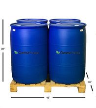 Pallet of Blue Plastic Drums of Olive Pomace Oil for Soapmaking